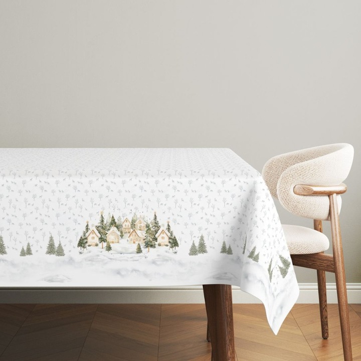 Коледна покривка за маса с елхички и къщички, 100% памук, 140x320см, Lenjerii Deosebite, Snowy