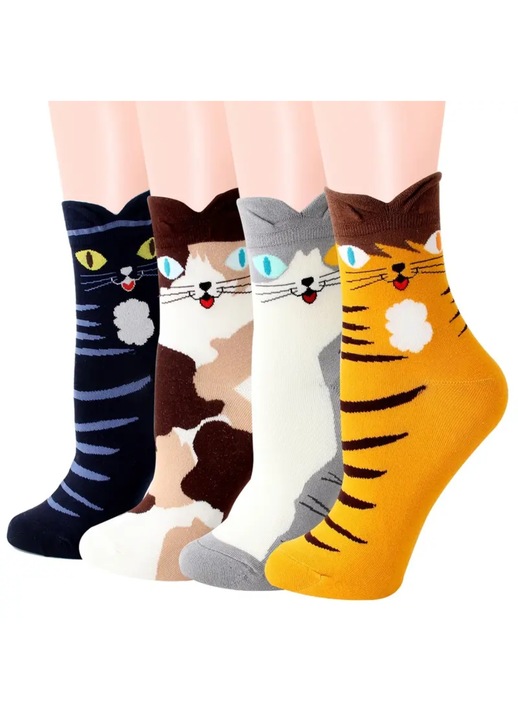 Sosete termice din bumbac si lana pentru femei, 4 perechi de sosete colorate pentru femei, model pisica, Sosete confortabile de toamna, iarna pentru femei, pentru ziua de nastere, Craciun, Anul Nou, 35 - 40 EU