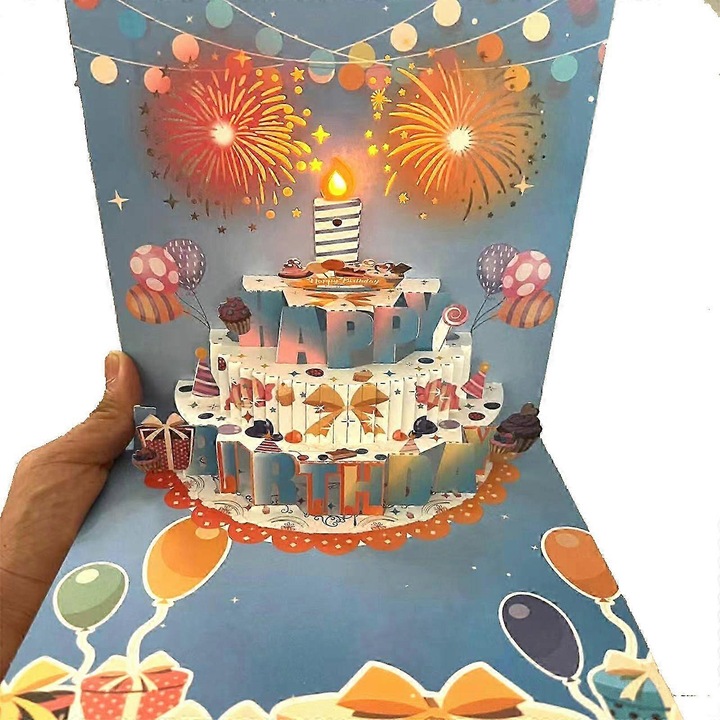 Felicitare 3D cu muzica si lumini, violet, 18cm, set cu nota mica