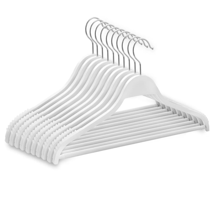 Комплект Дървени Закачалки, HUMERO, с гумени противоплъзгащи ръбове и модерен дизайн, лост за панталони и модерен дизайн, 100 броя, Бели