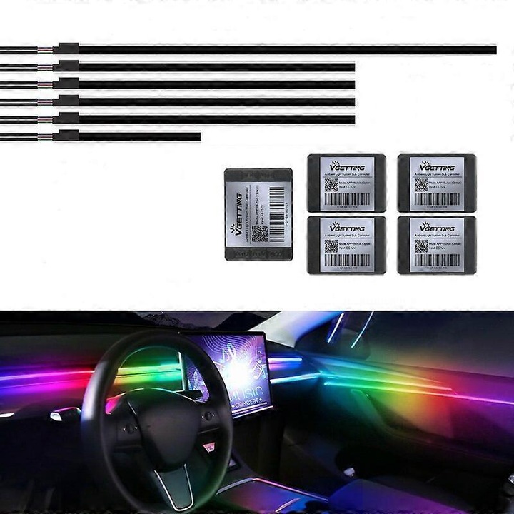 Set 18 in 1 Benzi LED Ambientale Auto 64 Culori 110cm, 90cm, 75cm, 35cm, 20cm, Control Bluetooth