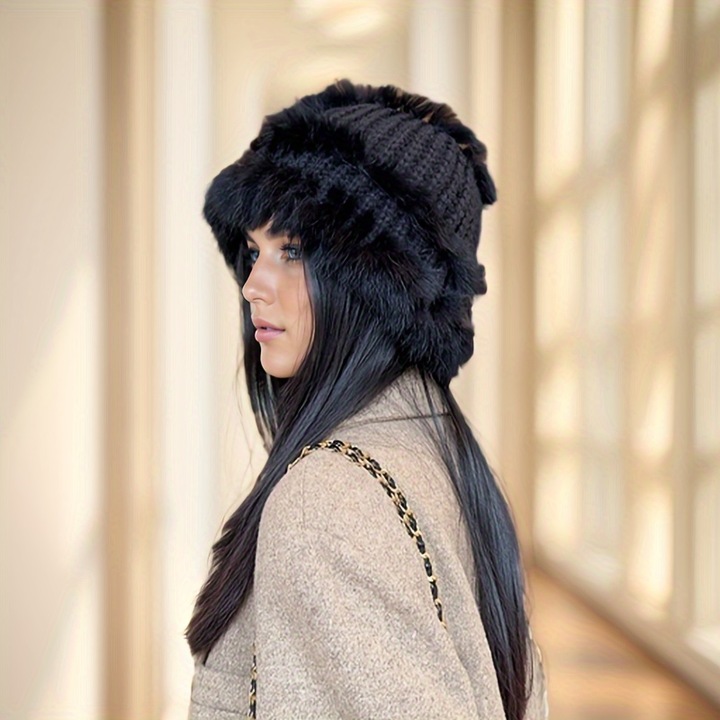 Női téli sapka, fülekkel, nyúlszőrből, bézs-krémszínű, rugalmas, mosható, 2 darabos szett