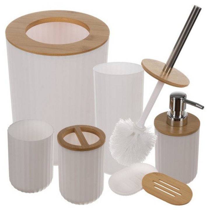 Set Accesorii Baie RUHHY, 6 Piese, Design Modern, Bambus, Alb/Maro