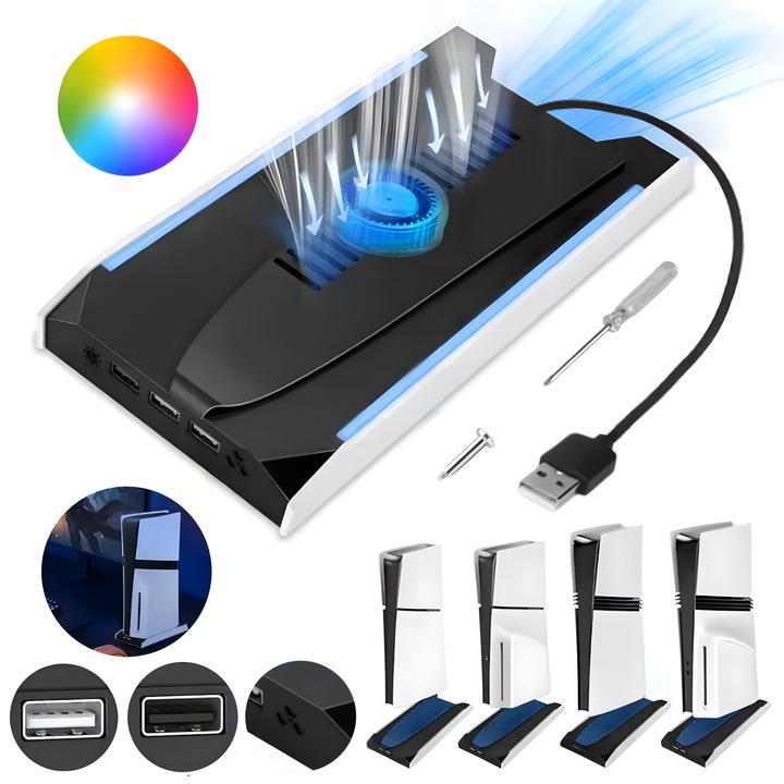 Függőleges hűtőállvány, konzolhűtő, kompatibilis a Playstation 5 Slim és Pro Disc/Digital modellekkel, hatékony hűtés, 3 állítható sebességű ventilátor, RGB LED világítás, 3 USB porttal, professzionális konzolhűtő rendszer, ABS, fehér, Butoarka®