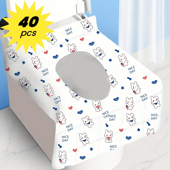 40 darab eldobható WC-ülőke huzat, nyuszi mintás, minden korosztály számára, WC-re szoktatáshoz, utazáshoz, nyilvános WC-khez