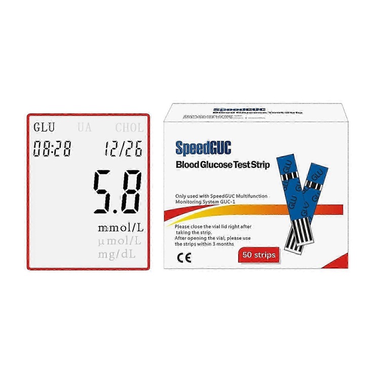 Dispozitiv multifunctional pentru testarea glucozei, acidului uric si colesterolului, 3 in 1, cu benzi de testare, 50 benzi