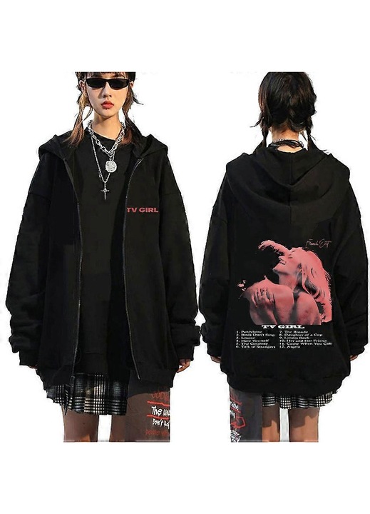 Tv Girl Who Cares mintás, fekete, fleece, női, cipzáras, oversize kapucnis pulóver