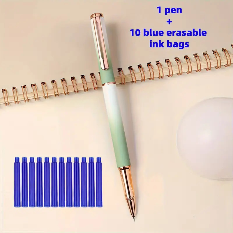 Stilou metalic verde cu radiera + 10 rezerve de Cerneala Termica