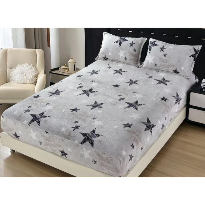 Husa Pat Dublu si Fete de Perne, Cocolino, Imprimeu Stele, 3 piese, 2 persoane, 180x200cm, Gri Inchis-Gri Deschis