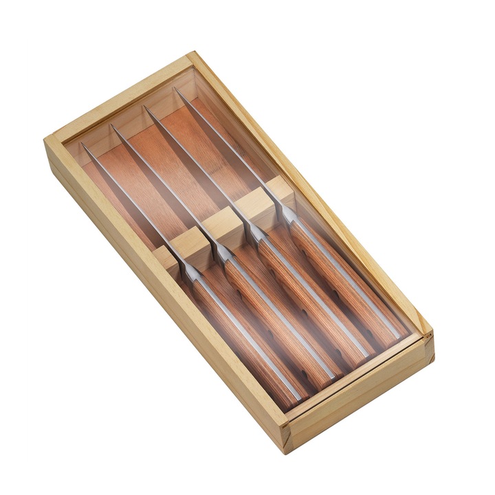 Set 4 cutite pentru fripturi, Zassenhaus, 13cm, lemn pakka, inox, cutie din lemn
