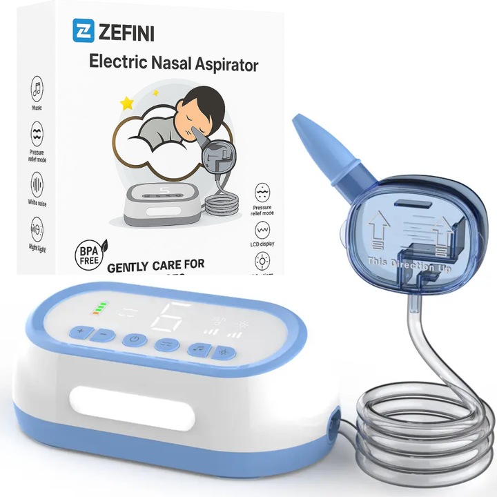 Aspirator nazal electric Zefini T30 pentru bebelusi, 6 trepte de viteza, Silentios, putere 70KPA, Muzica, Lumini, ecran LCD, 50 filtre, antireflux, USB, Albastru