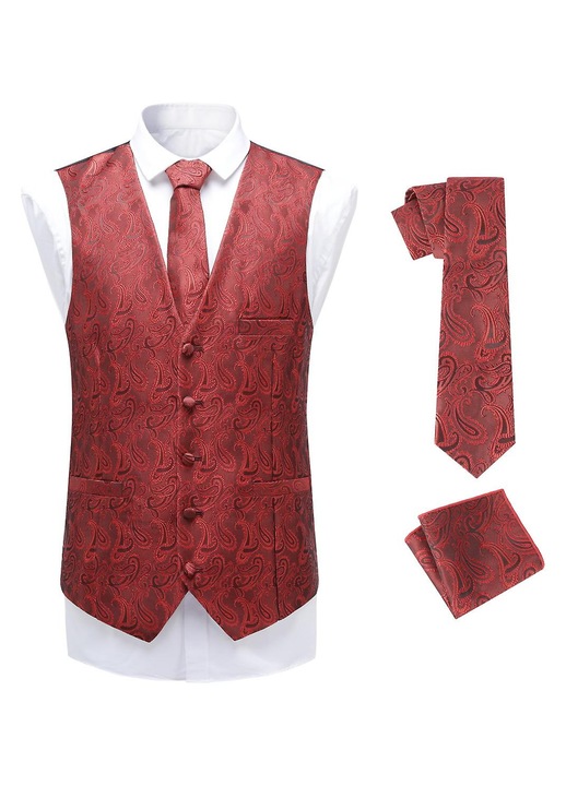 Vesta Jacquard Paisley pentru Barbati, set cu cravata si batista de buzunar, slim fit, rosu, 75% poliester, 25% nailon, L INTL