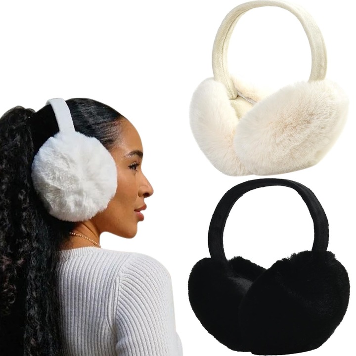 Női téli sapka szett, bolyhos sapkák, fekete és fehér, összehajtható design, egy méret