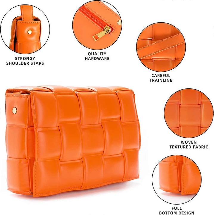 Fonott bőr válltáska, elegáns design, narancssárga, 24x15x7cm