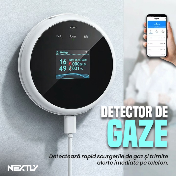 Detector gaz inteligent smart WiFi NEXTLY, detectie CH4/GPL, alarma sonora si vizuala, notificari in aplicatie, control valva, 2.4GHz, alimentare USB, compatibil Smart Life, alb