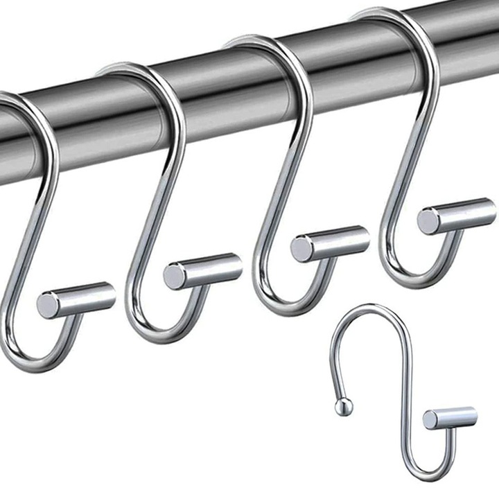 Set de 24 carlige pentru perdea de dus din otel inoxidabil, design in forma de S, rezistenti la rugina, pentru tija de perdea de dus
