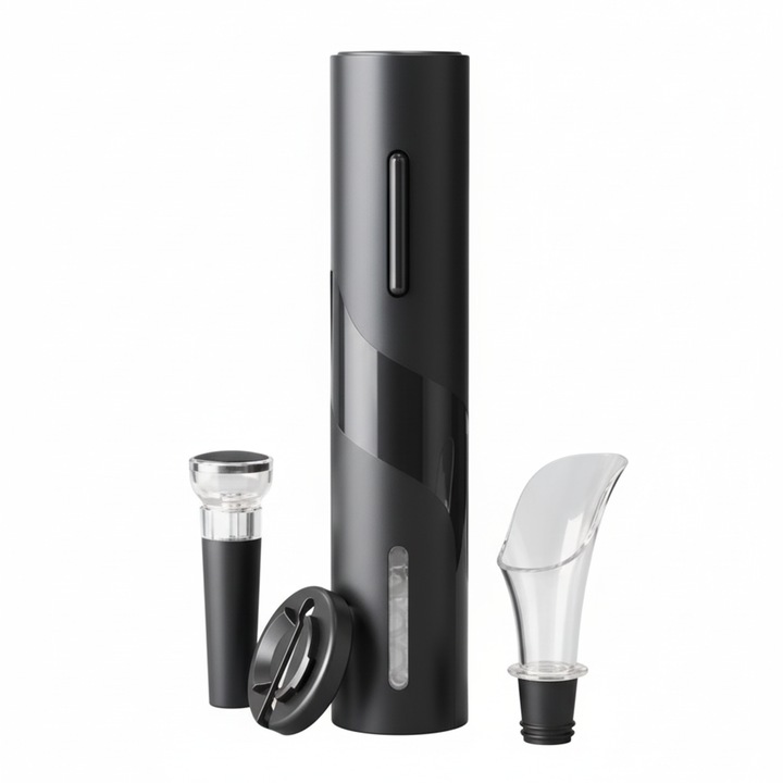 Комплект електрически тирбушон 4 в 1 NEXTLY, включени стойка за организиране, нож за фолио, аератор и вакуумна тапа, работещ с батерии, черен