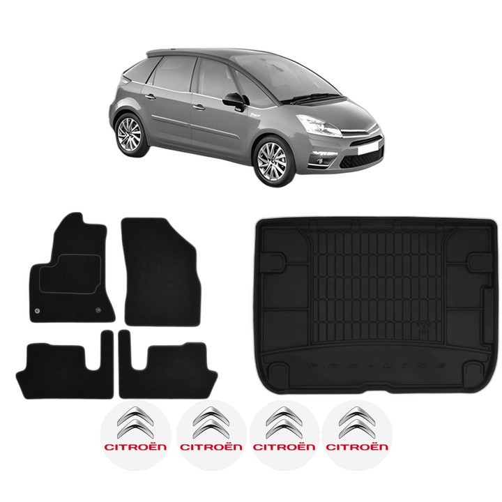 Set Covorase Auto Si Tavita Portbagaj CITROEN C4 PICASSO I MPV (UD_) din 2006-2013, Cauciuc, Protectie Porbagaj, 4x Stickere auto cu CITROEN