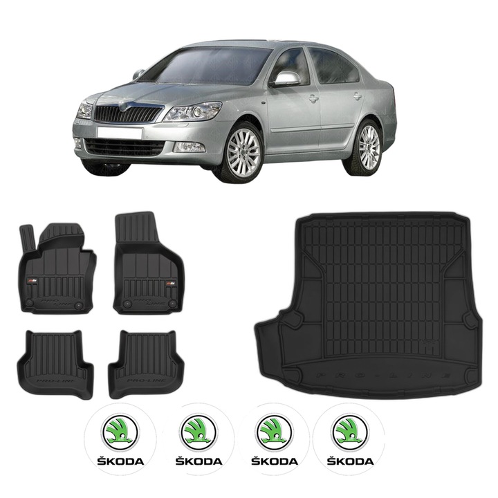 Set Covorase Auto Si Tavita Portbagaj SKODA OCTAVIA II (1Z3) din 2004-2013, Cauciuc, Protectie Porbagaj, 4x Stickere auto cu SKODA
