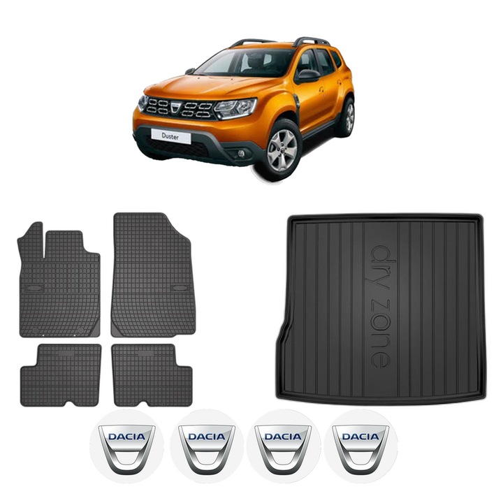 Set Covorase Auto Si Tavita Portbagaj DACIA DUSTER SUV Van din 2011-2018, Cauciuc, Protectie Porbagaj, 4x Stickere auto cu DACIA