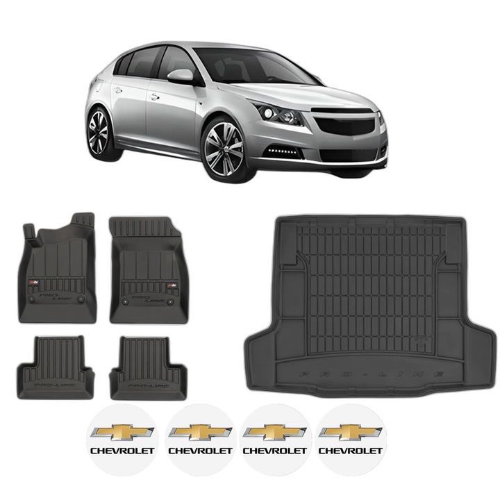 Set Covorase Auto Si Tavita Portbagaj CHEVROLET CRUZE Hatchback (J305) din 2011-2015, Cauciuc, Protectie Porbagaj, 4x Stickere auto cu CHEVROLET