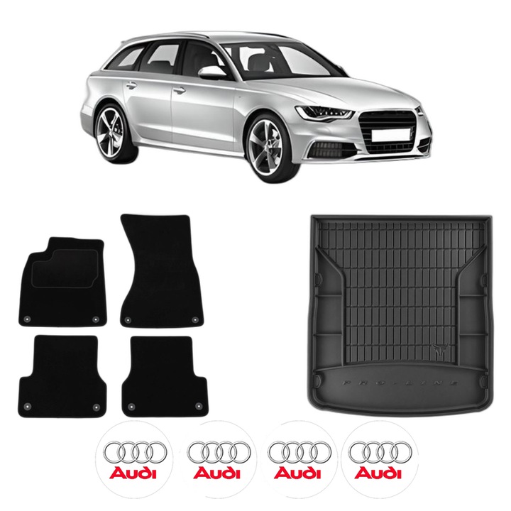 Set Covorase Auto Si Tavita Portbagaj AUDI A6 C7 Avant (4G5, 4GD) din 2011-2018, Cauciuc, Protectie Porbagaj, 4x Stickere auto cu AUDI
