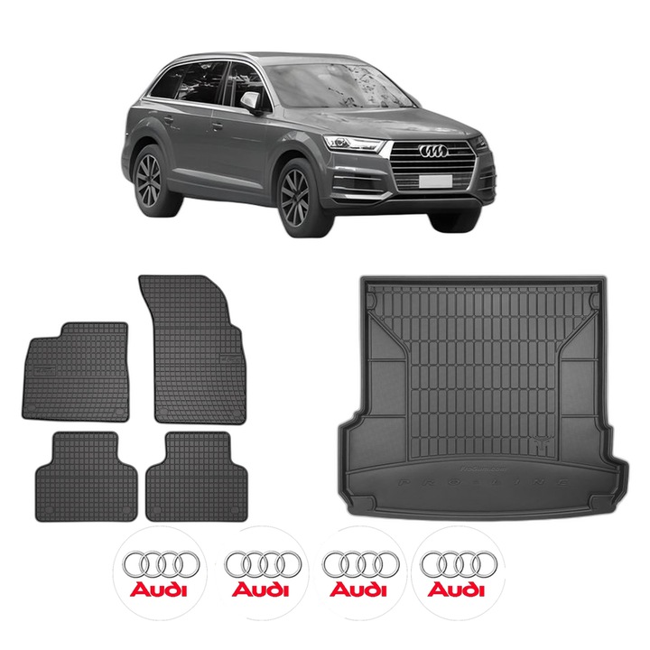 Set Covorase Auto Si Tavita Portbagaj AUDI Q7 (4MB, 4MG, 4MQ) din 2015-2024, Cauciuc, Protectie Porbagaj, 4x Stickere auto cu AUDI