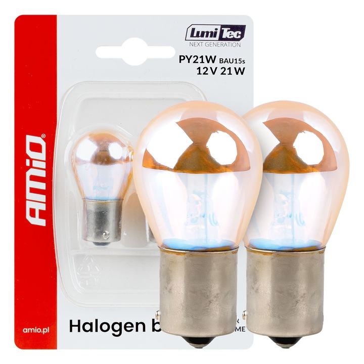 Becuri halogen PY21W 12V 21W AMiO set 2 bucati, cromat cu lumina amber