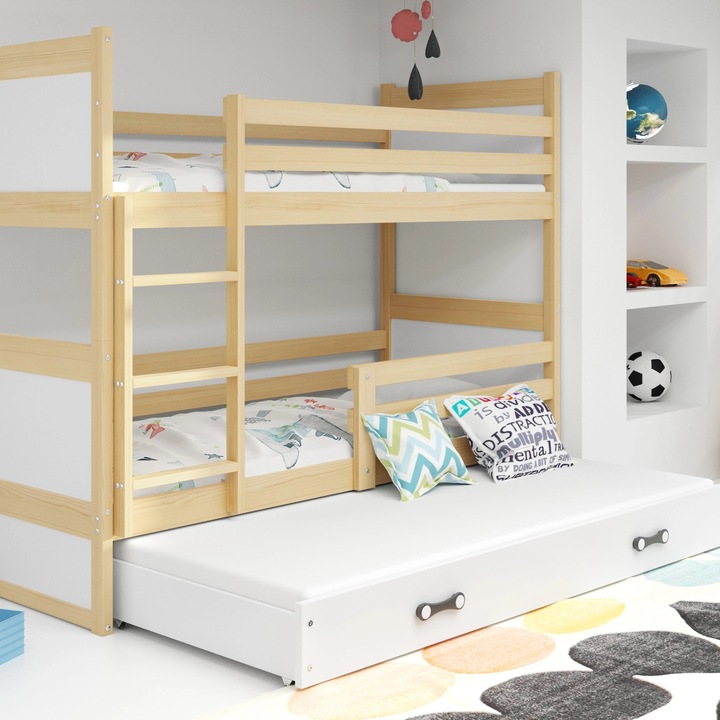 Pat supraetajat din lemn de pin Interbeds, model RICO, 190 x 90 cm, protectie impotriva caderii, sertar pentru depozitare cu functia de pat suplimentar pentru a 3 persoana, NU CONTINE SALTEA, culoare Alb cu Natur