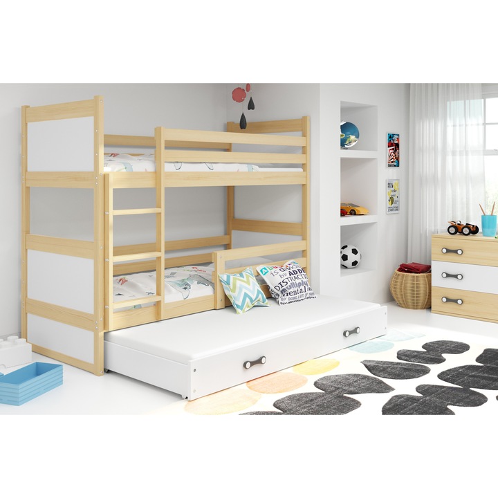 Pat supraetajat din lemn de pin Interbeds, model RICO, 200 x 90 cm, protectie impotriva caderii, sertar pentru depozitare cu functia de pat suplimentar pentru a 3 persoana, NU CONTINE SALTEA, culoare Alb cu Natur