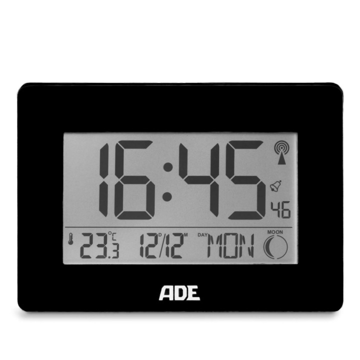 ADE elektronikus óra hőmérővel és ébresztővel, 23x16x3cm, fekete