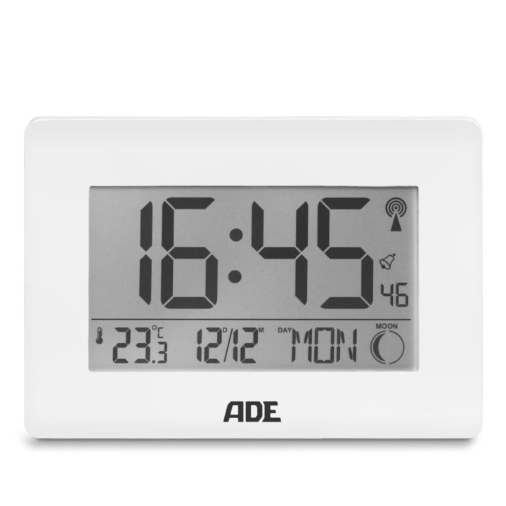 ADE elektronikus óra hőmérővel és ébresztővel, 23x16x3cm, fehér