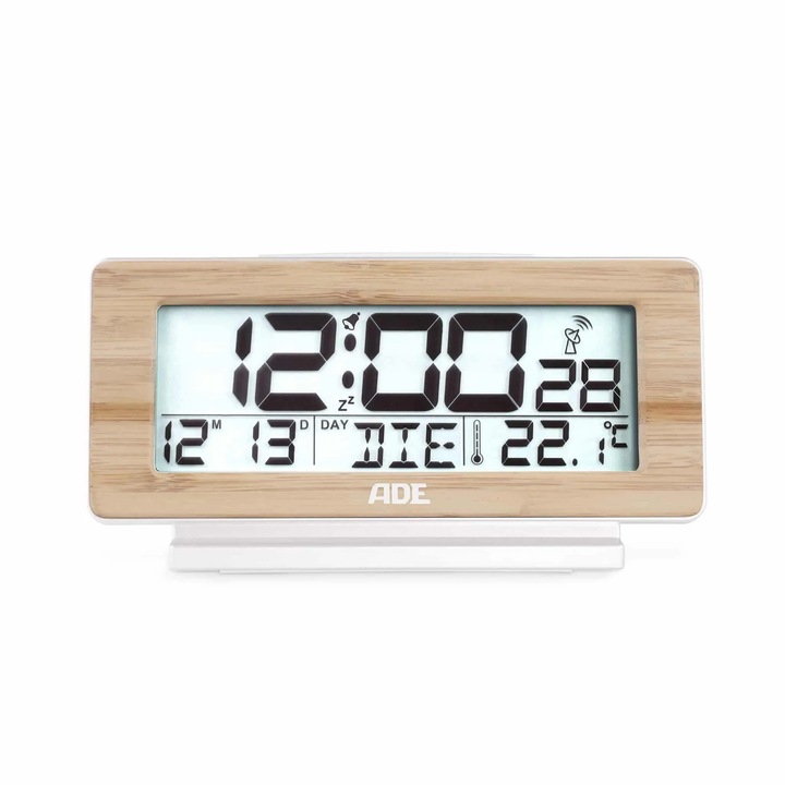 ADE dekoratív óra, elektronikus óra ébresztővel, naptárral és hőmérővel, 12,5x4x8,5cm, bambusz keret