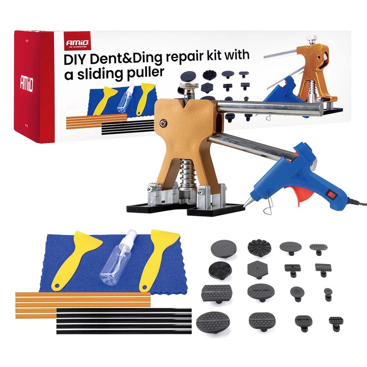 Set de reparare a loviturilor caroseriei extractor glisant, AMiO, 2 raclete, 4 bete de lipit galbene, 4 bete de lipit negre