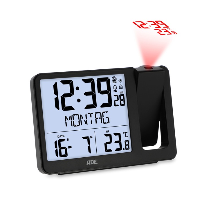 ADE elektronikus óra projektorral, 15,5x10,5x4cm, fekete, külső hőmérséklet érzékelővel