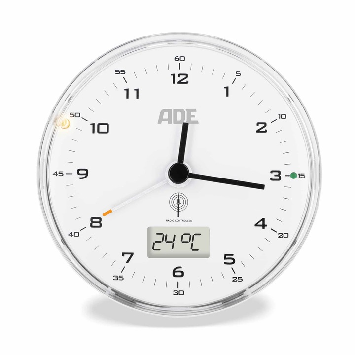 ADE dekoratív óra hőmérővel, fehér, 8x4cm, ébresztő funkció szundi funkcióval