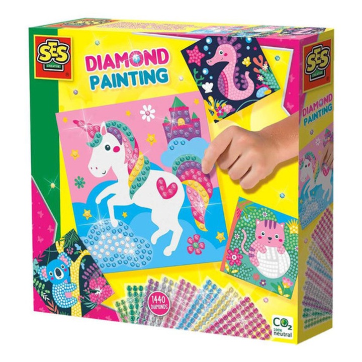 Set pictura cu diamante SES, animale fericite, 1440 cristale, 8 culori, 4 cartele ilustruate