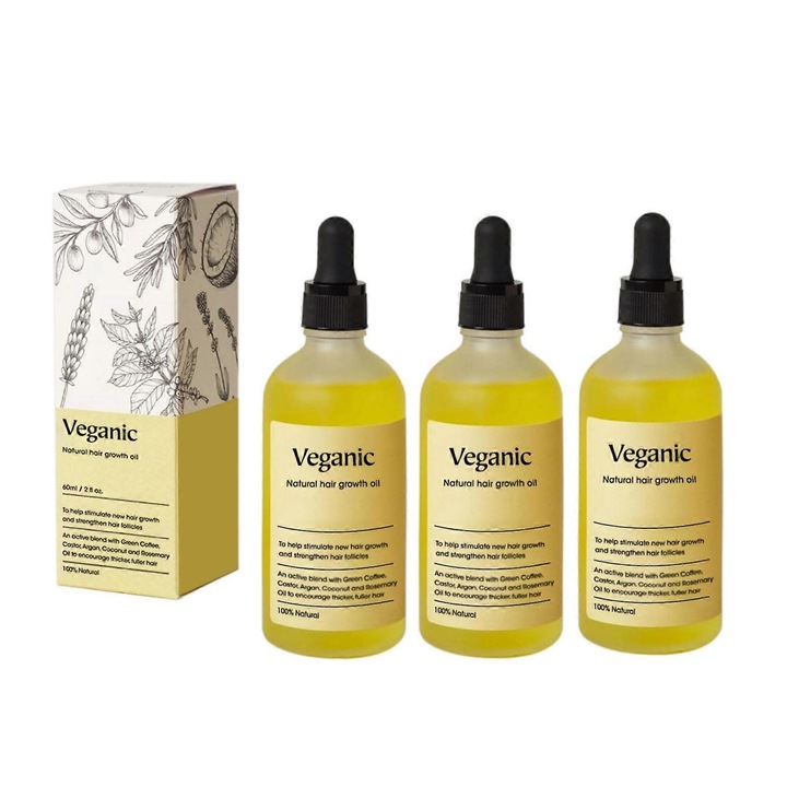 Ulei de Crestere a Parului Veganic, 3 piese, pentru par uscat si deteriorat, 50ml