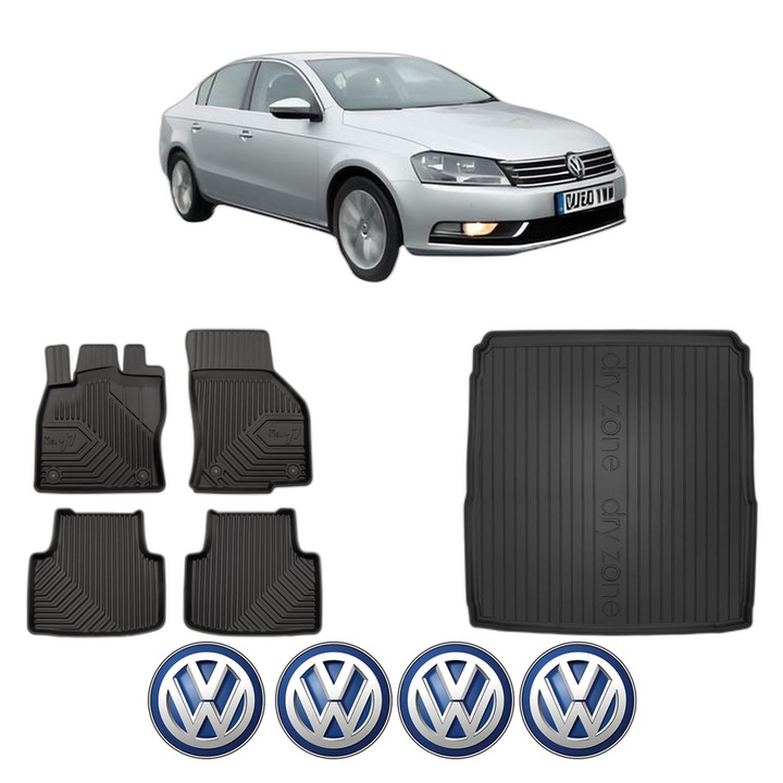 Set Covorase Auto Si Tavita Portbagaj Volkswagen PASSAT B7 (A32, A33) din 2011-2020, Cauciuc, Protectie Porbagaj, 4x Stickere auto cu Volkswagen