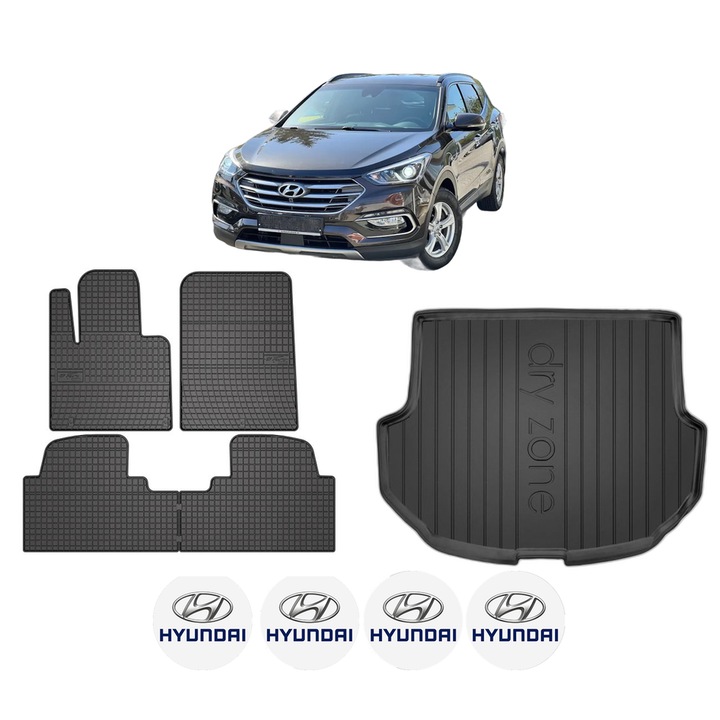 Set Covorase Auto Si Tavita Portbagaj HYUNDAI SANTA FÉ III (DM, DMA) din 2012-2018, Cauciuc, Protectie Porbagaj, 4x Stickere auto cu HYUNDAI