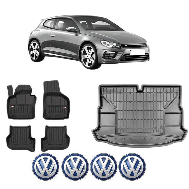 Set Covorase Auto Si Tavita Portbagaj Volkswagen SCIROCCO III (137, 138) din 2008-2017, Cauciuc, Protectie Porbagaj, 4x Stickere auto cu Volkswagen
