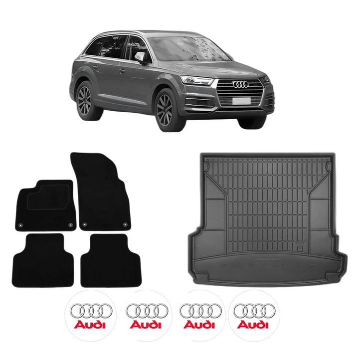 Set Covorase Auto Si Tavita Portbagaj AUDI Q7 (4MB, 4MG, 4MQ) din 2015-2024, Cauciuc, Protectie Porbagaj, 4x Stickere auto cu AUDI