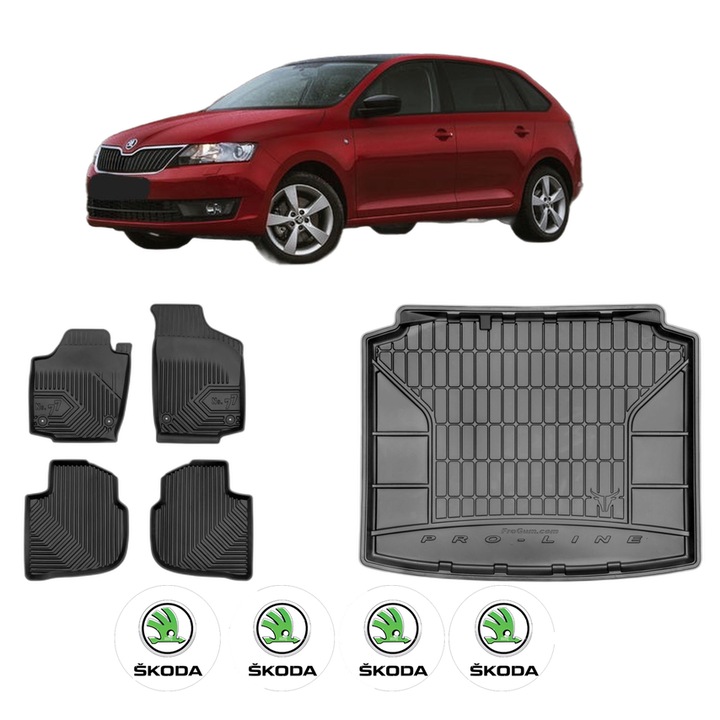 Set Covorase Auto Si Tavita Portbagaj SKODA RAPID Spaceback (NH1) din 2012-2019, Cauciuc, Protectie Porbagaj, 4x Stickere auto cu SKODA