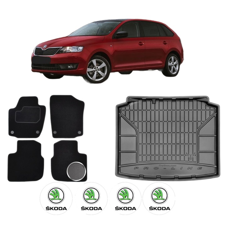 Set Covorase Auto Si Tavita Portbagaj SKODA RAPID Spaceback (NH1) din 2012-2019, Cauciuc, Protectie Porbagaj, 4x Stickere auto cu SKODA