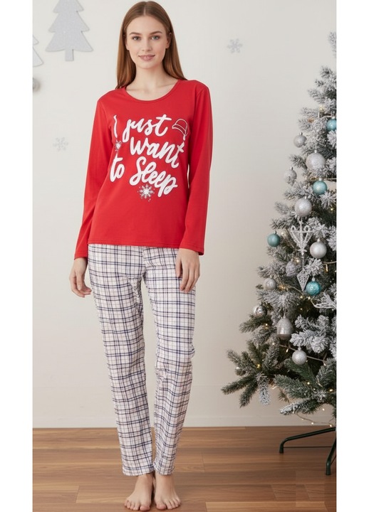 Pijama bumbac Dama de Craciun, Set cu Bluza si Pantaloni lungi, rosu 01018 12760, Rosu