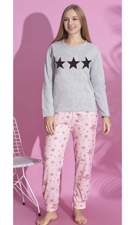 Pijama bumbac vatuit de Dama, Set cu Bluza si Pantaloni lungi gri 15425 12705, Gri