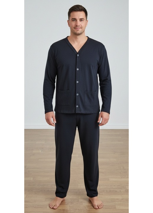 Férfi hosszú pamut pizsama, nagyméretű, gombos 16231 12802, Tengerészkék