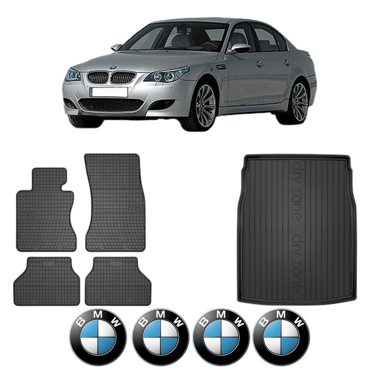 Set Covorase Auto Si Tavita Portbagaj BMW Seria 5 (E60) din 2001-2010, Cauciuc, Protectie Porbagaj, 4x Stickere auto cu BMW