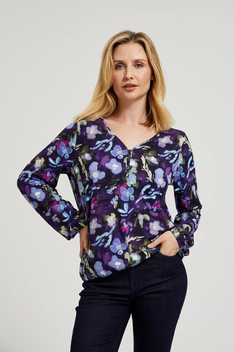 Bluza albastra cu flori si decolteu in V, Violet