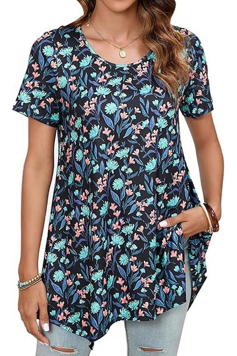 Bluza cu maneca scurta asimetrica dama, model 4, negru floral, marime 3xL, Enmain